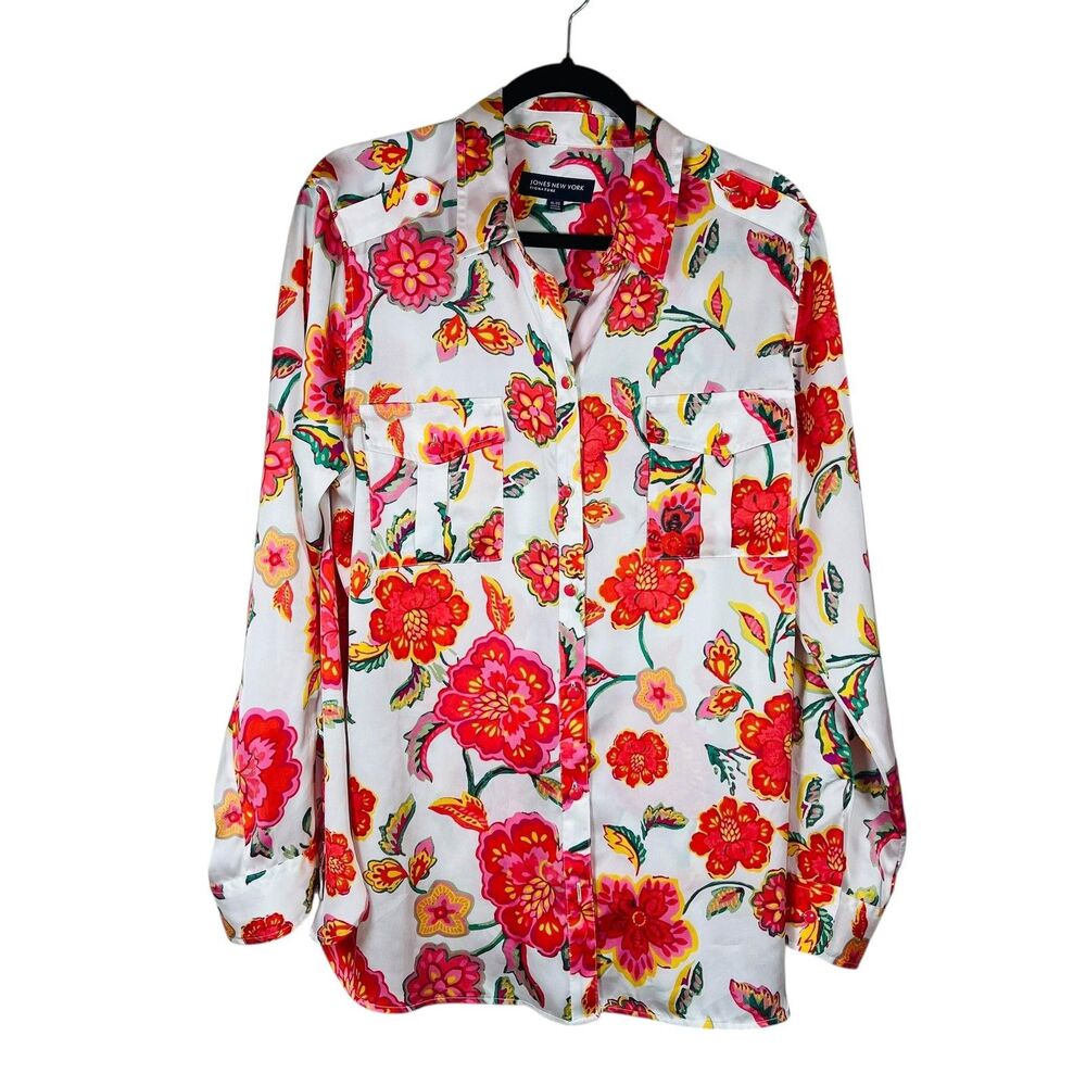 Jones New York Signature Shirt Womens XL White Floral Button Front Blouse Top
